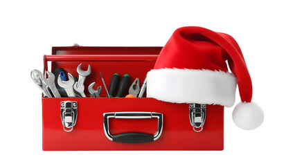 red tool box with santa hat, isolated on transparent background PNG