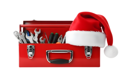 red tool box with santa hat, isolated on transparent background PNG