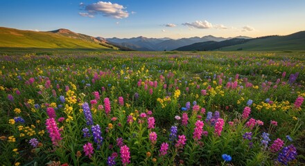Fototapeta premium Vibrant meadow bursting with colorful wildflowers stretches toward distant mountain ranges under a clear sky