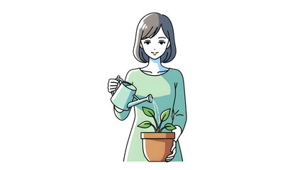 anime young woman watering plant, isolated on white isolated on tranparent background PNG