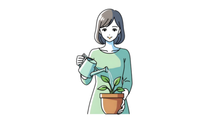 anime young woman watering plant, isolated on white isolated on tranparent background PNG