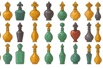 Obraz premium Collection of decorative bottles in different shapes and colors arranged in a grid pattern on a plain background