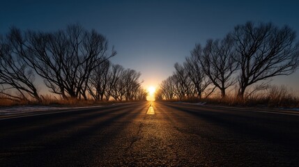 Country road at sunset with bare trees