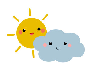 Cute  smiling sun and cloud characters with simple happy faces. Illustration in flat vector style on white background.
