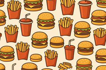 Fast food items on a light background with burgers, fries, and drinks arranged in a repeated pattern for a fun design