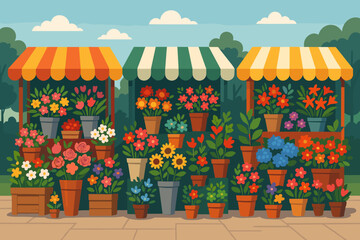 Vibrant flower market with stalls displaying colorful plants at a park on a sunny day