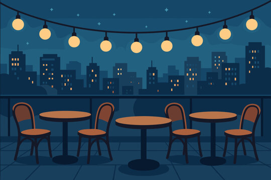 City skyline view with tables and chairs under lights at night on a rooftop