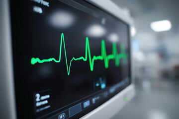 Clinical ECG heart rate monitoring interface with green waveform on black screen, hospital diagnostic display for medical UI presentations, real-time cardiology data visualization in modern healthcare