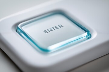 Translucent ENTER control pad in modern medical diagnostic interface, soft glow on matte white surface with rounded edges, minimal healthcare UI design for clinical software and sterile environments