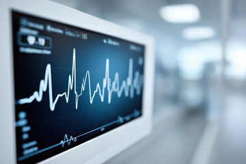 Digital ECG monitoring interface with heart rate waveform on clinical screen, pale blue and white medical color scheme, healthcare UI design for hospital dashboards and diagnostic software