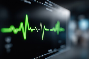 Green ECG waveform on clinical heart rate monitoring interface, glowing cardiology line on dark background, digital healthcare UI for hospital dashboards, visualization for medical software