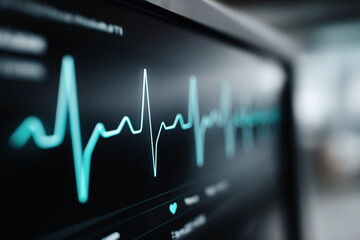 Digital cardiology interface with smooth ECG waveform on modern medical monitor screen, blue luminous heart rate line on black background, clean healthcare UI for clinical diagnostics