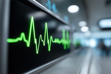 Closeup of heart rate monitor screen displaying green ECG waveform in hospital setting