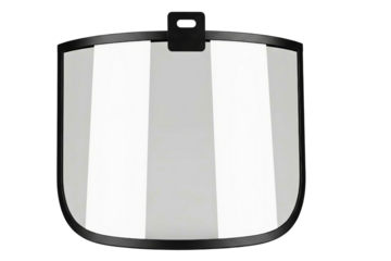 Clear plastic protective face shield with black frame isolated on a transparent background