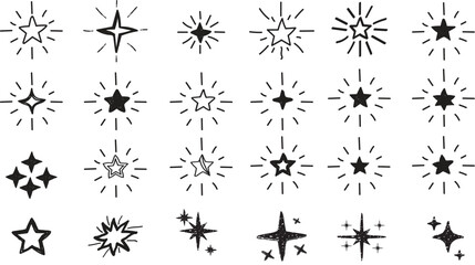 Hand drawn star spark doodle icon set. Twinkle, glitter and shine star shapes in crayon and grunge brush line style. Sketchy hand drawn elements for light decoration vector background illustration.