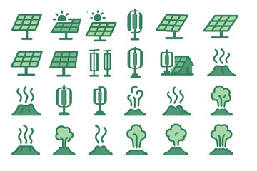 Collection of simple green icons showing solar energy, wind energy, smoke, and volcanic activity in flat design style