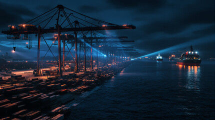 Harbor at Night: A vast harbor illuminated by the cool glow of twilight showcases imposing cargo cranes, ships docked and underway, all bathed in the tranquil silence of the night.