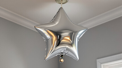 Star-Shaped Balloon Floating Elegantly: A shimmering star-shaped balloon, a symbol of joy and celebration, suspended gracefully from the ceiling, its metallic surface reflecting the surrounding light.