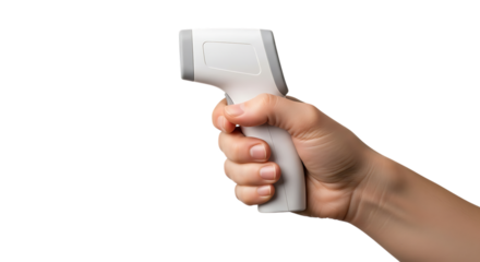 Close-up of a hand holding a white infrared thermometer for temperature measurement