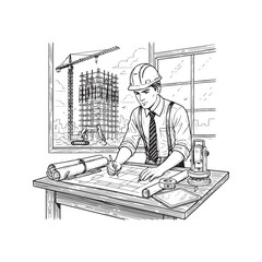 Hand drawn sketch illustration of a professional architect or civil engineer wearing a hard hat, working on blueprints at a desk with a construction site, crane, and scaffolding background.
