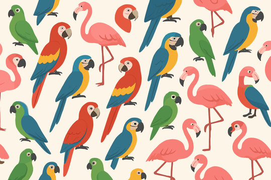Colorful birds in various positions and styles arranged in a repeating pattern on a light background