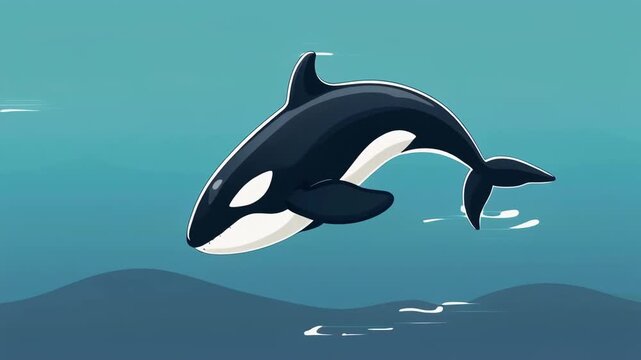 Cartoon Orca Killer Whale Swimming Horizontally in Wavy Deep Blue Ocean