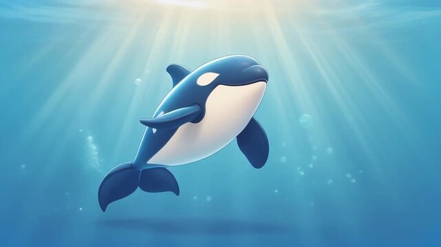 Cartoon Orca Killer Whale Swimming in Sunlit Underwater Ocean Rays
