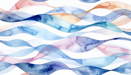 Abstract watercolor wave pattern with flowing blue, pink, and orange translucent lines on a white background, creating a serene and fluid design.