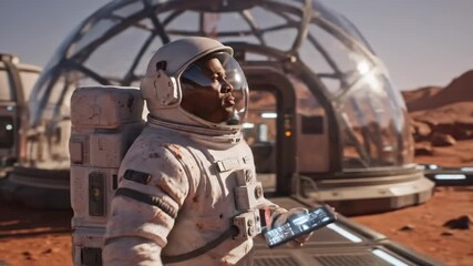 african american astronaut in white suit walking on red planet surface near futuristic colony. man holding digital tablet for research. space exploration mission. science fiction, mars colonization - Powered by Adobe