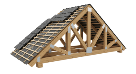 Detailed model of a timber roof truss with tiles showing construction and design