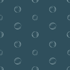 Underwater bubbles seamless pattern. Graphic line art hand drawn illustration of air or water droplet for marine life and sea creative design on a navy blue background