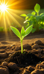 A small green plant growing out of the ground in front of the sun.