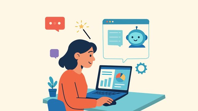 Ai Copilot Assistant Helping Woman With Analytics Dashboard Workspace.  Flat design animation of a female working on a laptop with charts and reports . Artificial intelligence co-pilot chatbot