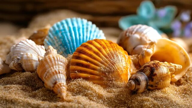 Assorted seashells partially buried in sand on beach, beachcombing treasures, coastal textures and patterns, ocean finds collection, natural seaside elements, with copy space