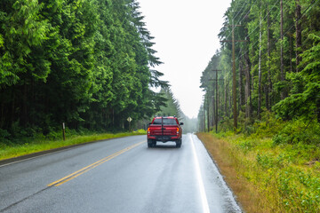 Red pickup truck driving on a scenic rainforest road in ucluelet, vancouver island © unai