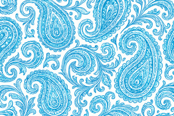 Decorative blue paisley design in repeating pattern on a white background with curls and swirls