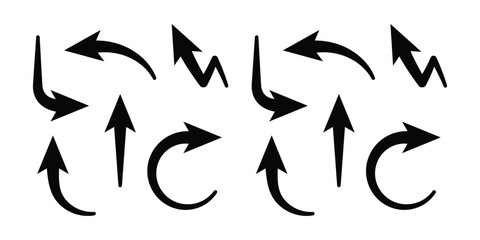 Obraz premium Curved and Zigzag Arrow Vector Icon Set. Black Directional Pointer Silhouettes for Navigation, Download, and Business Growth Symbols.