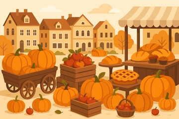 Obraz premium Market scene with pumpkins and baked goods in a small town during autumn season