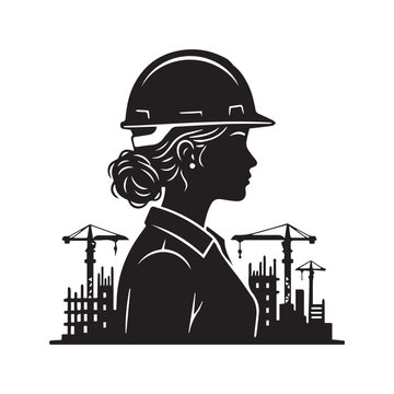 Black silhouette of a female construction worker or engineer wearing a hard hat, profile view with cranes and building site background, vector illustration.
