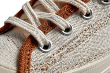 Close up shot of sneaker detail stitching and fabric on transparent background