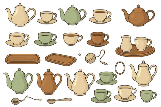 Different types of tea pots and cups with various shapes and colors placed on white background for design or decoration purposes