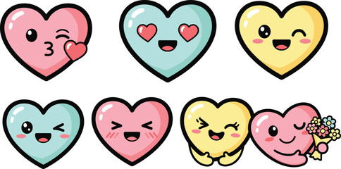 Cute kawaii heart emoji icon set with smiling faces expressions, colorful love emotions, adorable cartoon valentine vector illustration pack