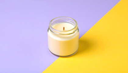 A single candle jar centered on a diagonal pastel background, representing tranquility, mindfulness, and clean contemporary styling.