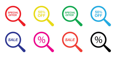 Magnifying Glass Sale Search Vector Icon Set. Special Offer and Discount Symbol Collection for Web Shop E-commerce and Retail Promotion.