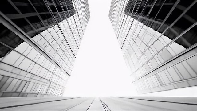 Abstract architectural perspective looking up between two modern glass buildings with geometric patterns under a bright white sky creating a sense of vastness and symmetry