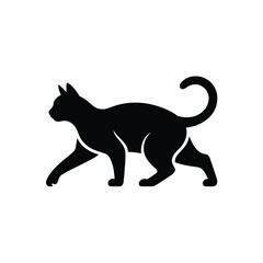 A sleek black cat silhouette gracefully walking across a white background