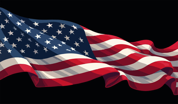 Vector design with decorative drawing of 
national flag of usa is fluttering in wind. 
Fashion t-shirt print. American pattern of stars 
and wavy stripes for textiles, fabric, clothing.