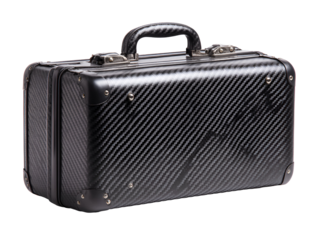 Sleek carbon fiber briefcase with metal accents on black background