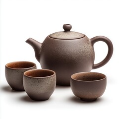 Rustic Brown Ceramic Teapot with Cups