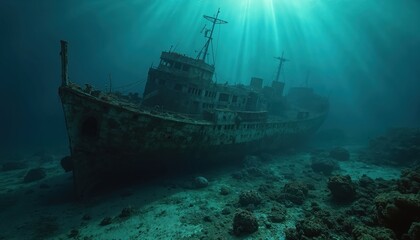 Fototapeta premium Sunken old ship rests on ocean floor. Sunlight rays pierce deep blue water. Underwater scene shows decaying vessel marine life habitat. Nautical exploration awaits.